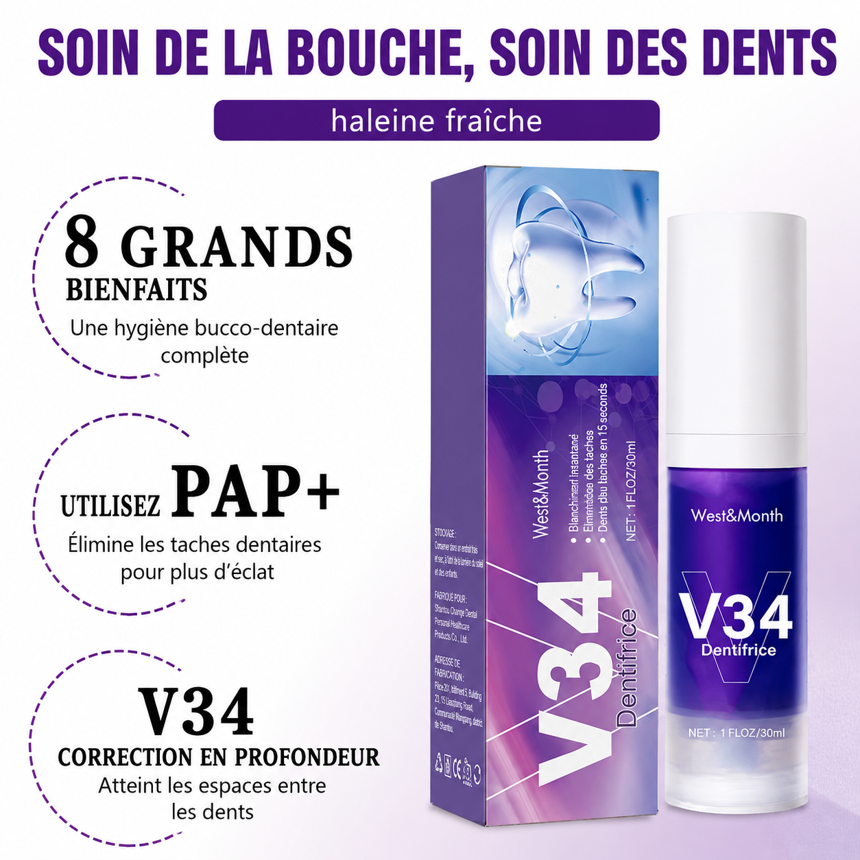 🦷 V34 – Dentifrice Correcteur de Couleur